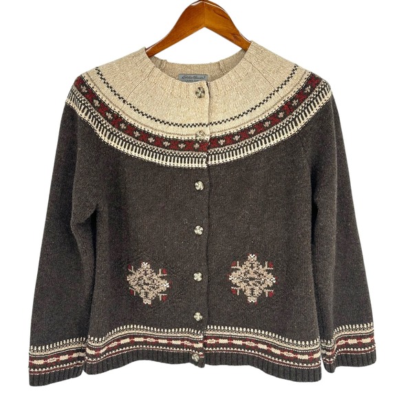 VTG Y2K Eddie Bauer Fair Isle Cardigan Sz L  Brown Snowflake Lambs Wool Japan - Picture 1 of 11
